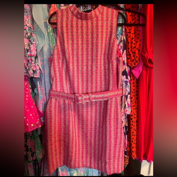 Jcrew Mockneck belted sheath dress in pink disco tweed - Picture 3 of 9